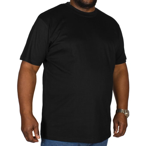 Black plain crew neck T-shirt, worn alternate front view.